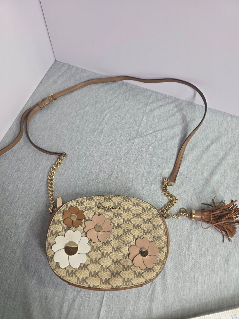 Michael Kors Round Crossbody Bag Floral Applique Chain Strap